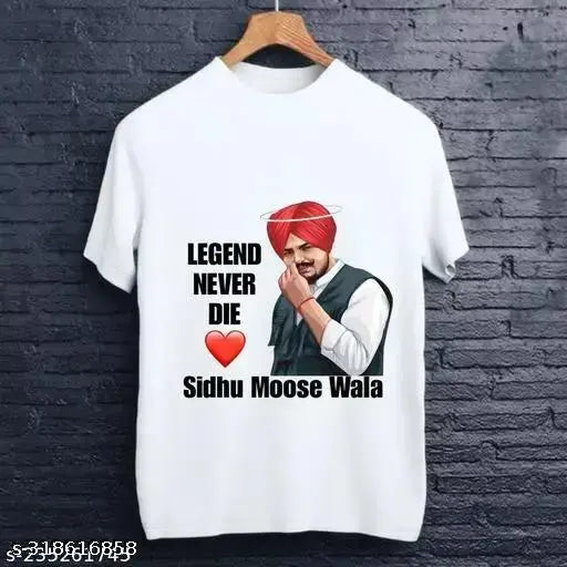 White printer cotton blend Shidhu Musewala t-shirt, short sleeves with printed design. [Color: white, Material: cotton blend, Product type: t-shirt]