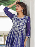 Navy Blue Chikan Embroidery Georgette Straight Kurta, three-quarter sleeves, India-origin women's fashion