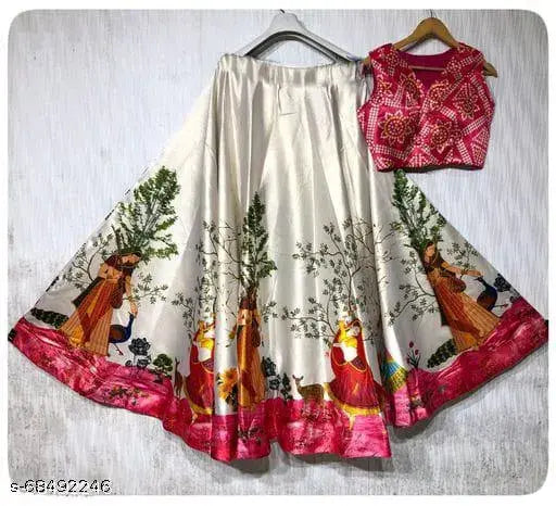 Silk blend Jaipuri girl's lehengha choli, sleeveless, printed quirky pattern, satin variant, country of origin: India