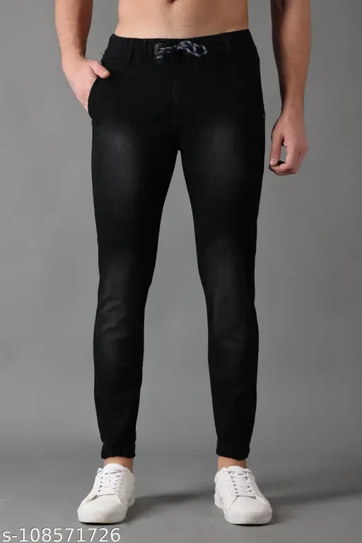 Denim men's black jeans, PRJ IN STYLE Regular fit with elastic waistband, suitable for home, daily routines, office, and parties. Solid black fabric, comfortable to wear and easy to wash, available in sizes 28-36, made in India