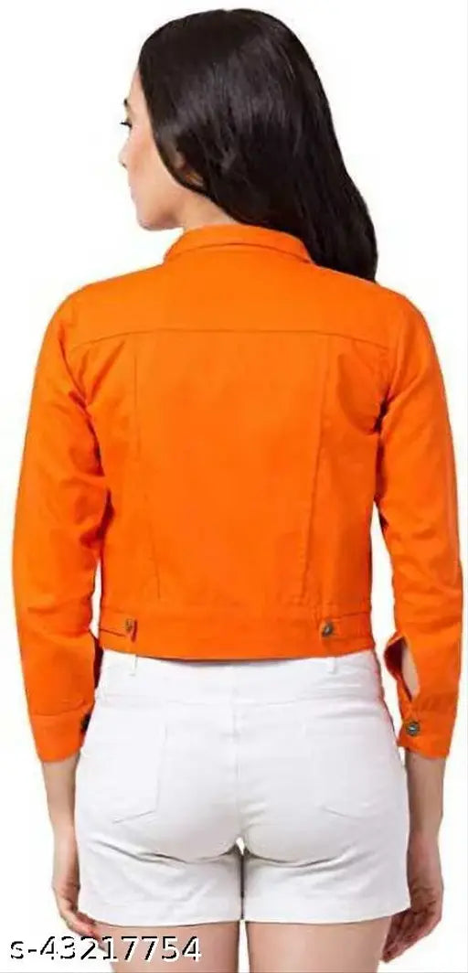 Denim three-quarter sleeve women's casual jacket by SAMAN FASHION WEAR, comfortable, spread collar, flat pockets, button closure, solid pattern, enhances any outfit