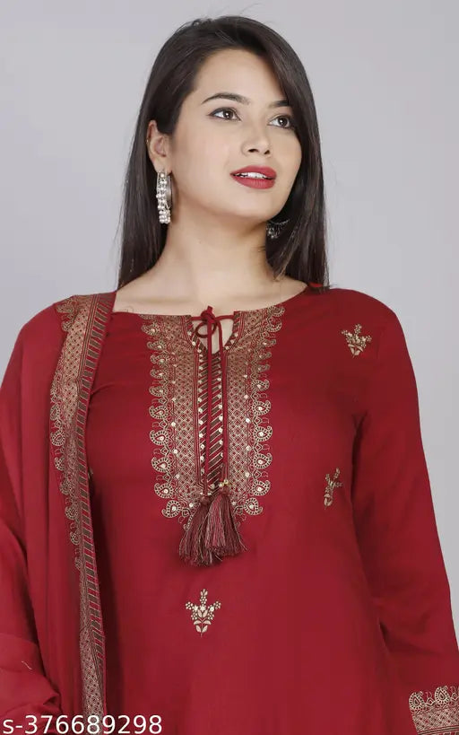 Maroon embroidered kurta, long palazzo pants, and matching dupatta