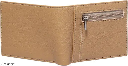 Beige PU leather men's wallet with album design, card slots, chain coin pocket - perfect accessory for gifting occasions