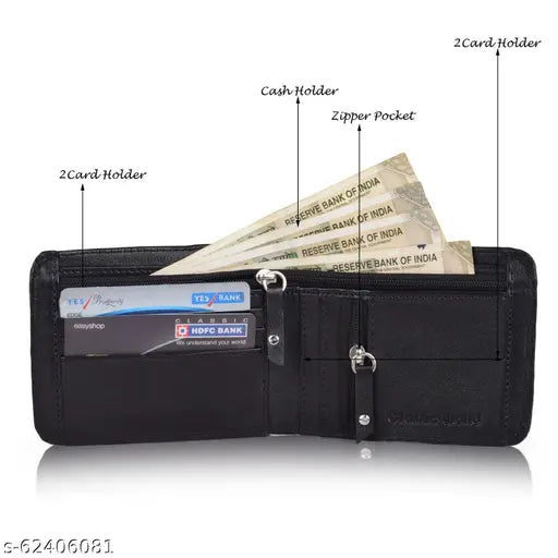 Black PU Felice wallet, fashionable unique men's trifold design with 3 compartments and 5 card slots, free size (10cm x 2cm), new and stylish accessory from India