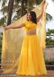 Yellow semi-stitched lehenga choli with net material and satin topwear, lace border net dupatta for parties or functions on mannequin