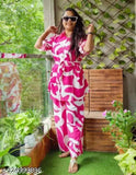 Pink cotton printed net Dorimon cord set for women, short sleeve style with two sizes available: M (38in bust, 37in length, 32in waist), L (40in bust, 37in length, 34in waist), XL (42in bust, 37in length, 36in waist)