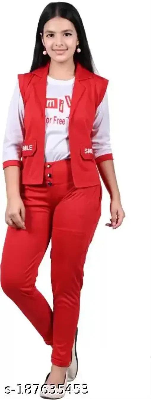 Red cotton blend fashionable three-piece dress set with matching red t-shirt, white printed three-quarter sleeve cut sleeves jacket and full-length pants for girls
