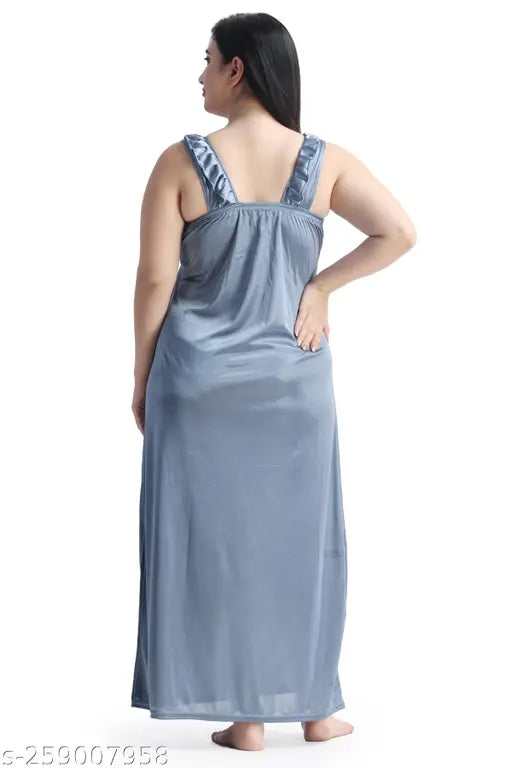 Satin nightwear set (Thumka Full Length Nighty), FreeSize 28-36 for women, solid pattern sleepwear from India