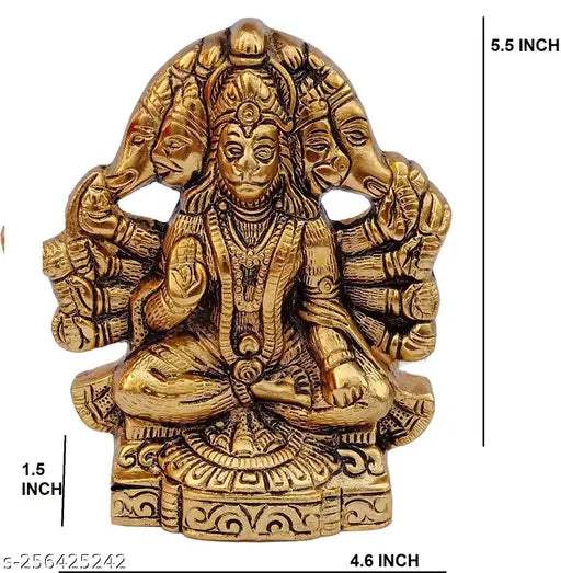 Gold-plated Panchmukhi Hanuman ji Idol, Indian religious decorative showpiece - 14cm x 13.5cm x 8.5cm