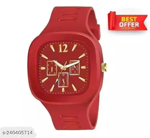 Red and gold designer analog watch for boys and men with square dial, silicone straps