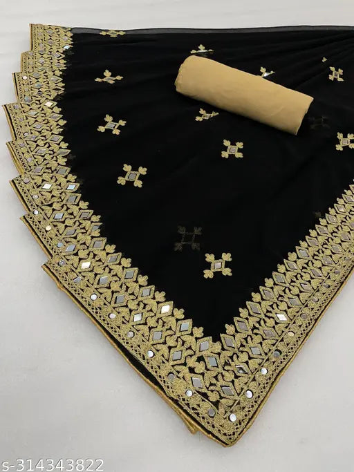 Gold embroidered mirror work saree with silver border, black material