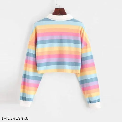 Multicolor tie-dye lycra crop top with long sleeves, vibrant rainbow stripes on women's western wear