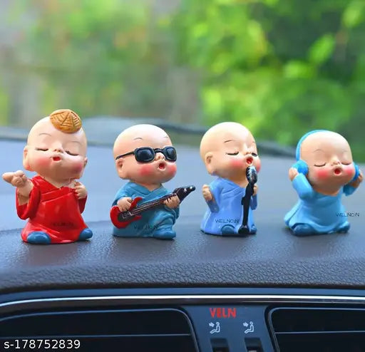 Small singing synthetic resin Buddha monk statues set (4 pcs), eco-friendly polyresin material, safe and non-toxic, perfect for car dashboard or shelf display