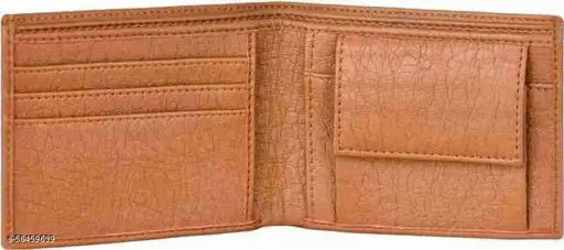Tan faux leather wallet with 5 card slots, solid design, compact for men's everyday use