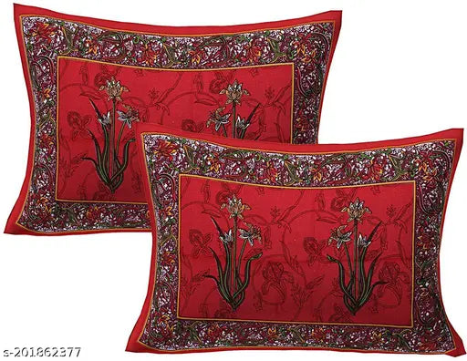 Red cotton Jaipuri printed double bedsheet with 2 pillow covers.