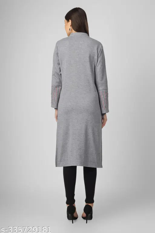 Grey wool embroidered long kurta with short sleeves