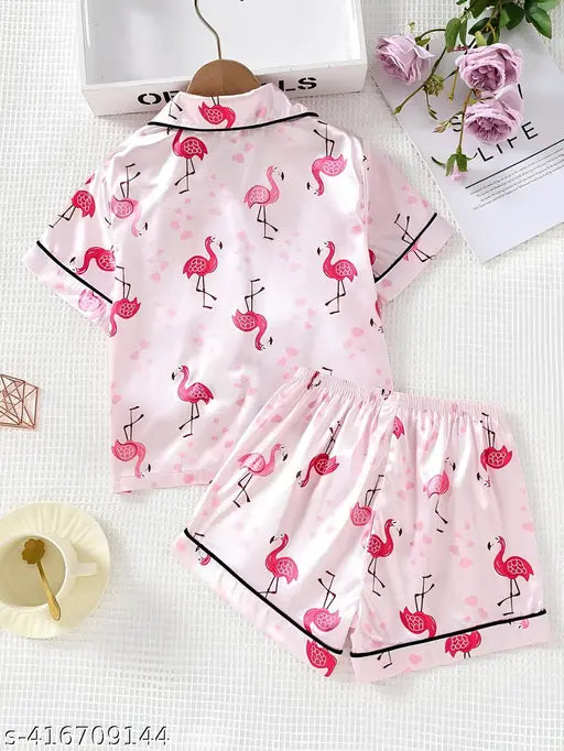 Pink flamingo print nightdress set for women, light & soft poly silk fabric, perfect for summer evenings (pack of 1)