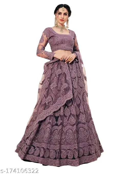 Satin and net ethnic motif semi-stitched Wondor Chain Cording Lehenga Choli and matching dupatta, free size, Indian origin
