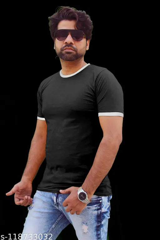 Black cotton round neck T-shirt for men, solid design, short sleeves, comfortable and versatile