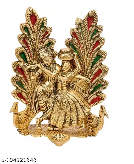 Brass Radha Krishna with Peacock Aluminium Table Diya, tranquil god idol decor for Indian home interiors