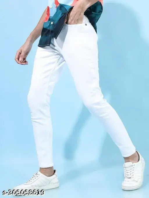 Men's solid denim white jeans, stylish and comfortable slim fit, mid rise pant for men & boys. Sleek and versatile, suitable for casual and partywear. Size 26, 28, 30, 32 (Waist: 26/28/30/32in, Length: 39in). Made in India