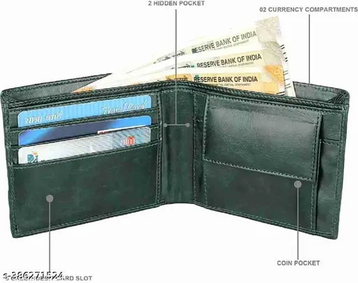Green faux leather men's wallet, trendy two-fold design with 5 card slots. Durable and classy accessory for gifting