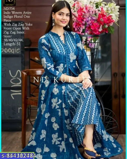 Indigo print rayon kurta pent set with palazzos, short kurti for women, chikankari embroidery on display