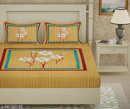 Jaipuri print 144TC cotton double bed sheet with 2 pillow covers, vibrant floral pattern for summer adult use