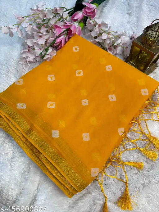 Vibrant chiffon bandhani hand-dyed saree with tassels, free size, made in India