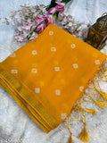 Vibrant chiffon bandhani hand-dyed saree with tassels, free size, made in India