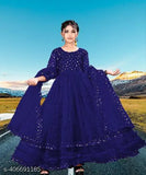 Fancy net ethnic gown with long sleeves and printed pattern, suitable for parties. High quality rayon fabric, available in pink color and sizes for girls aged 5-16. Indian origin