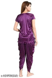 Purple printed satin Patiala night suit set with half sleeves top and pyjama, stylish sleepwear for women/girls