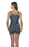 Navy blue poly silk women's tank top & short set with printed net pattern, gentle on skin for comfortable sleepwear