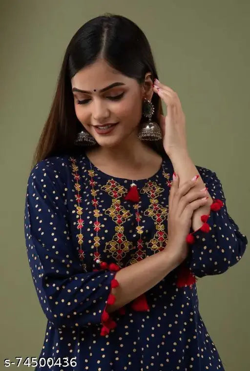 Anarkali kurti with rayon printed embroidery, sleeveless style