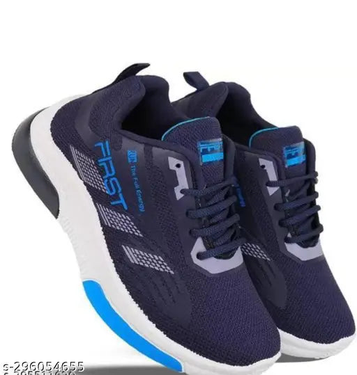 Navy blue running sneakers, kids sports shoes with blue laces