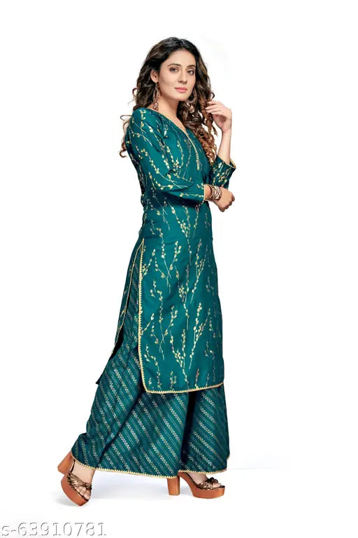 Beautiful printed rayon kurta plazo set with foil designs, three-quarter sleeves, and palazzo bottoms – summer collection from India