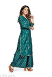 Beautiful printed rayon kurta plazo set with foil designs, three-quarter sleeves, and palazzo bottoms – summer collection from India