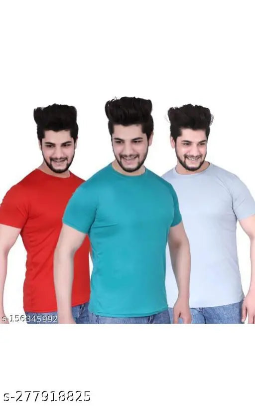 Multicolor solid poly blend men's half sleeve t-shirt pack of 3, featuring vibrant designs in sizes S, M, L, XL