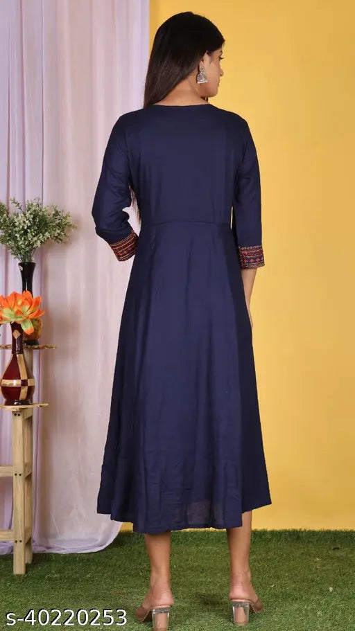 Rayon embroidered long Kurta for women and girls, three-quarter sleeves, casual to party wear in XL (Bust 42in, Length 50in), Indian origin