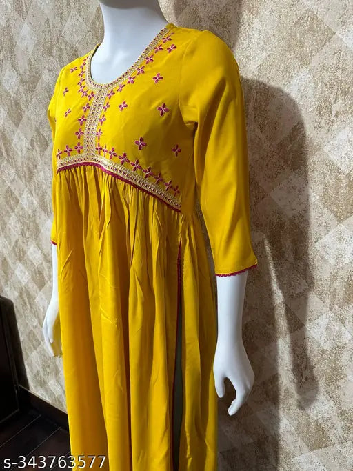 Yellow rayon traditional cut kurti with long sleeves