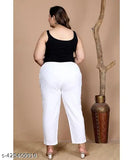 Trendy cotton lycra jumbo trousers with 2 side pockets for plus size women - loose ankle-length pants with bottom slit, India origin