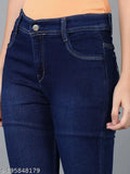 Blue denim women's straight fit jeans with zip closure
