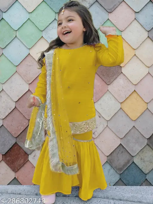 Embellished rayon kurta set with sharara bottoms and dupatta, traditional ethnic wear for children's parties in India