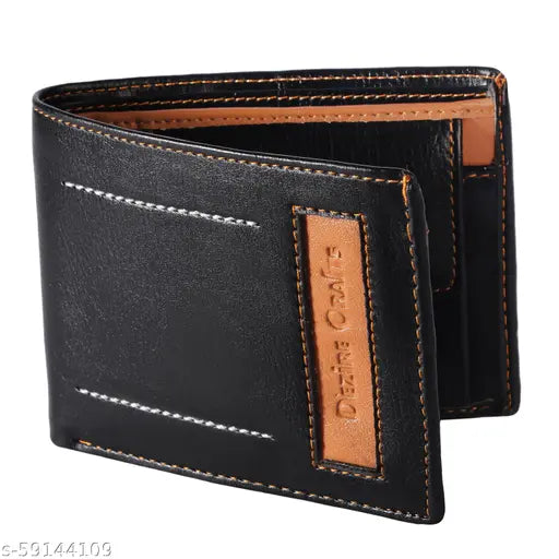 Solid PU leather wallet, hand-stitched for men's formal travel, features multiple compartments & slots, Indian origin