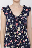 Printed women's floral blue casual back chain with front Dori v-neck jumpsuit, sleeveless crepe fabric, checked pattern, size L