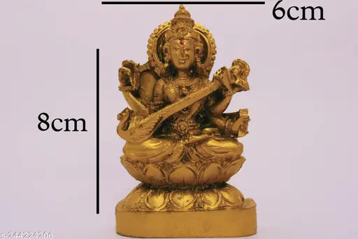 Golden ceramic Saraswati idol from India, intricately designed religious statue, measures 5cm x 8cm x 5cm