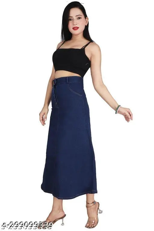 Dobby denim long skirt, five button front, casual wear women's fashion