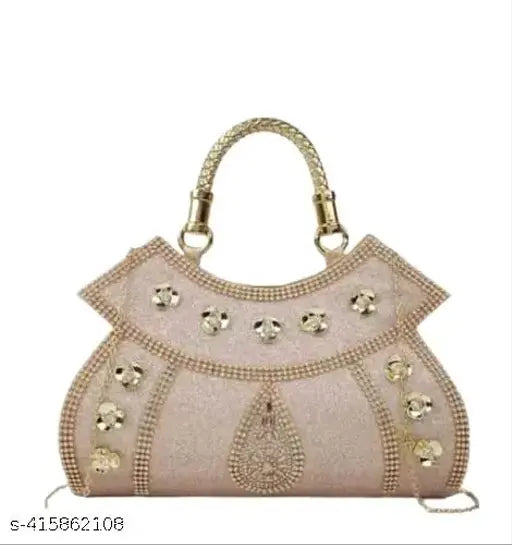 Pink embellished satin clutch with multiple decorative elements, possibly crystal or sequin detailing