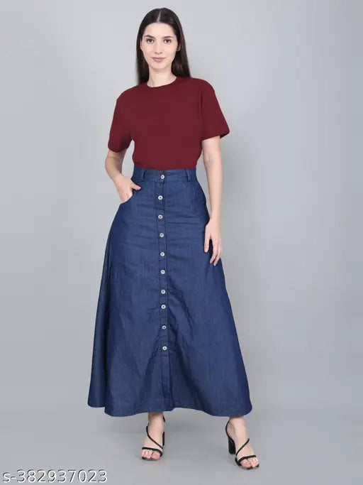 Blue denim Women's long casual Western-style jeans skirt, versatile for all seasons, flattering length 36-37 inches, high-quality denim fabric, ideal for plus sizes