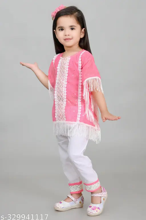 Girls cotton chiffon kaftan set with palazzo, A-line shape, self-design pattern. Perfect for occasions, high quality Indian material